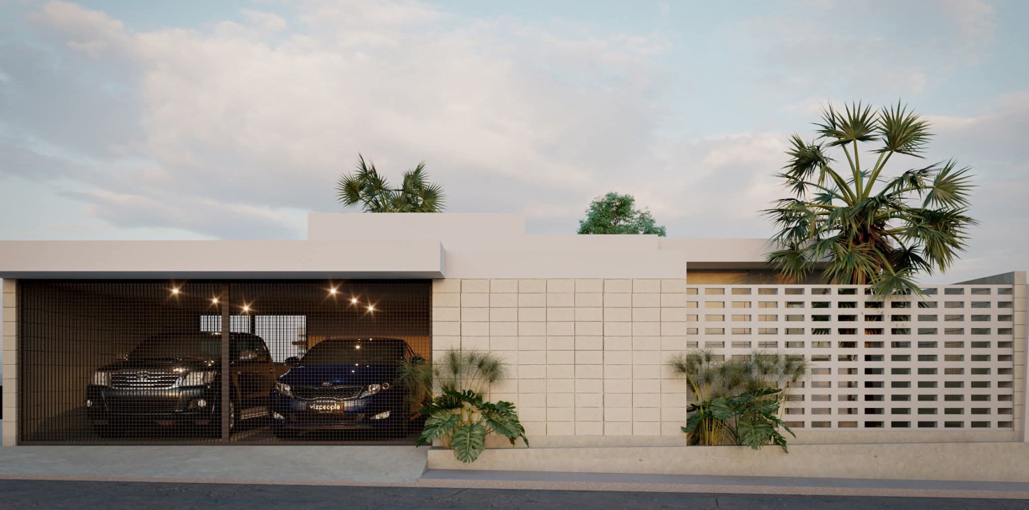 Casa No. 06, cochera con malla metálica y muro de celosía