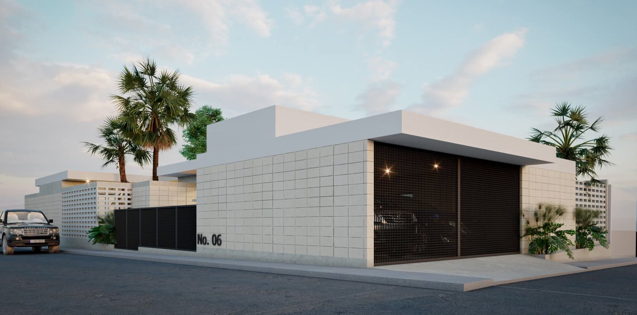 Casa No. 06, vista en esquina con portón metálico