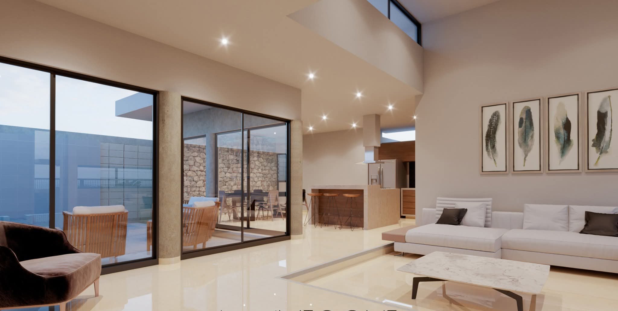 Interior de doble altura con ventanales, sala y cocina abierta
